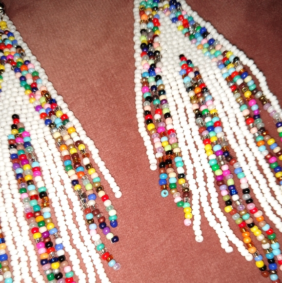 Long 5" Multicolor White Stripe Handmade Beaded Oversized Statement Earrings New - Picture 6 of 6